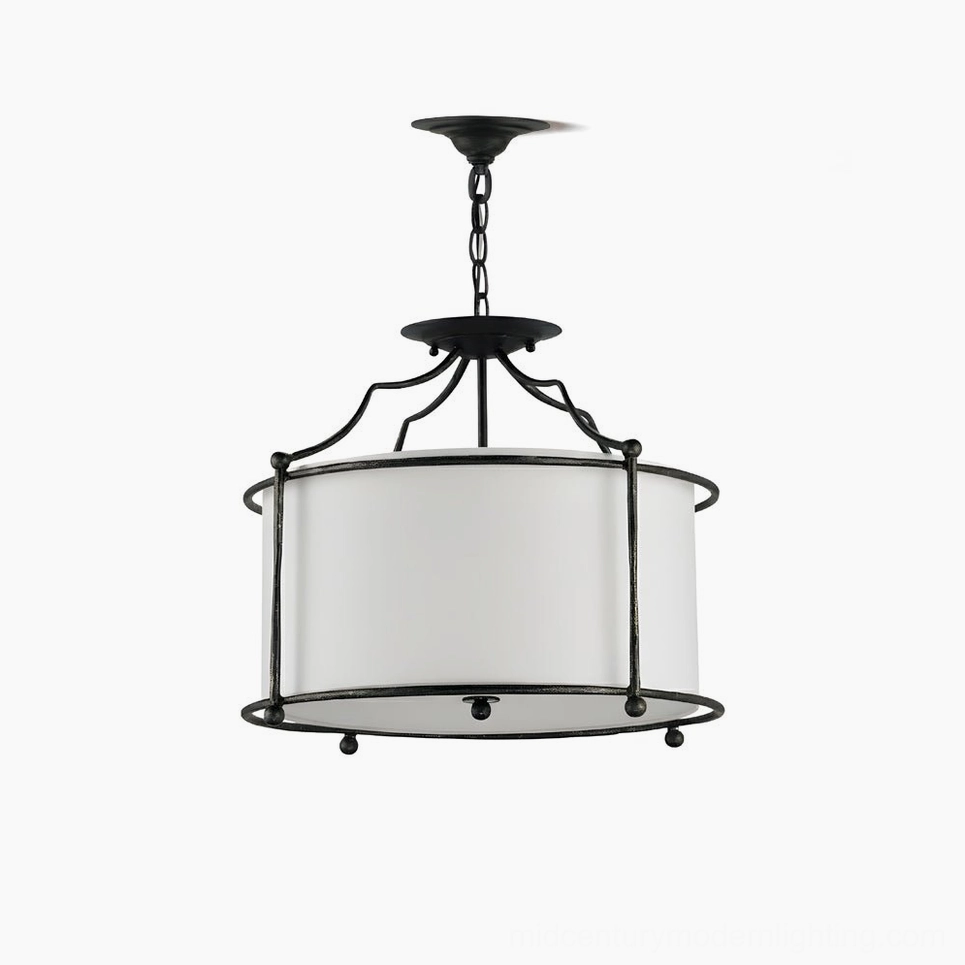 Alexa mid-century modern drum pendant light close-up studio product shot showing brass hardware and fabric shade detail