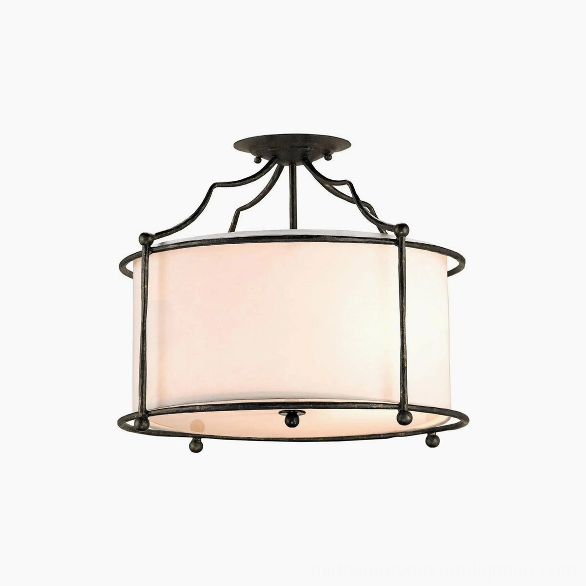 Alexa ceiling fixture close-up showing warm off-white fabric shade and decorative black metal frame accents