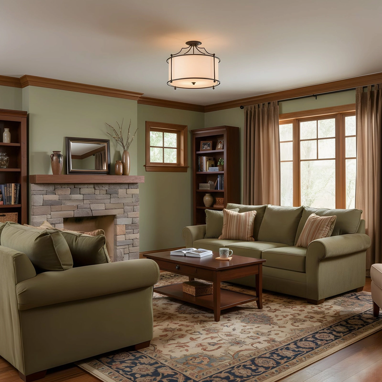 Alexa semi-flush fixture in formal traditional living room with fireplace and neutral earthy tones palette