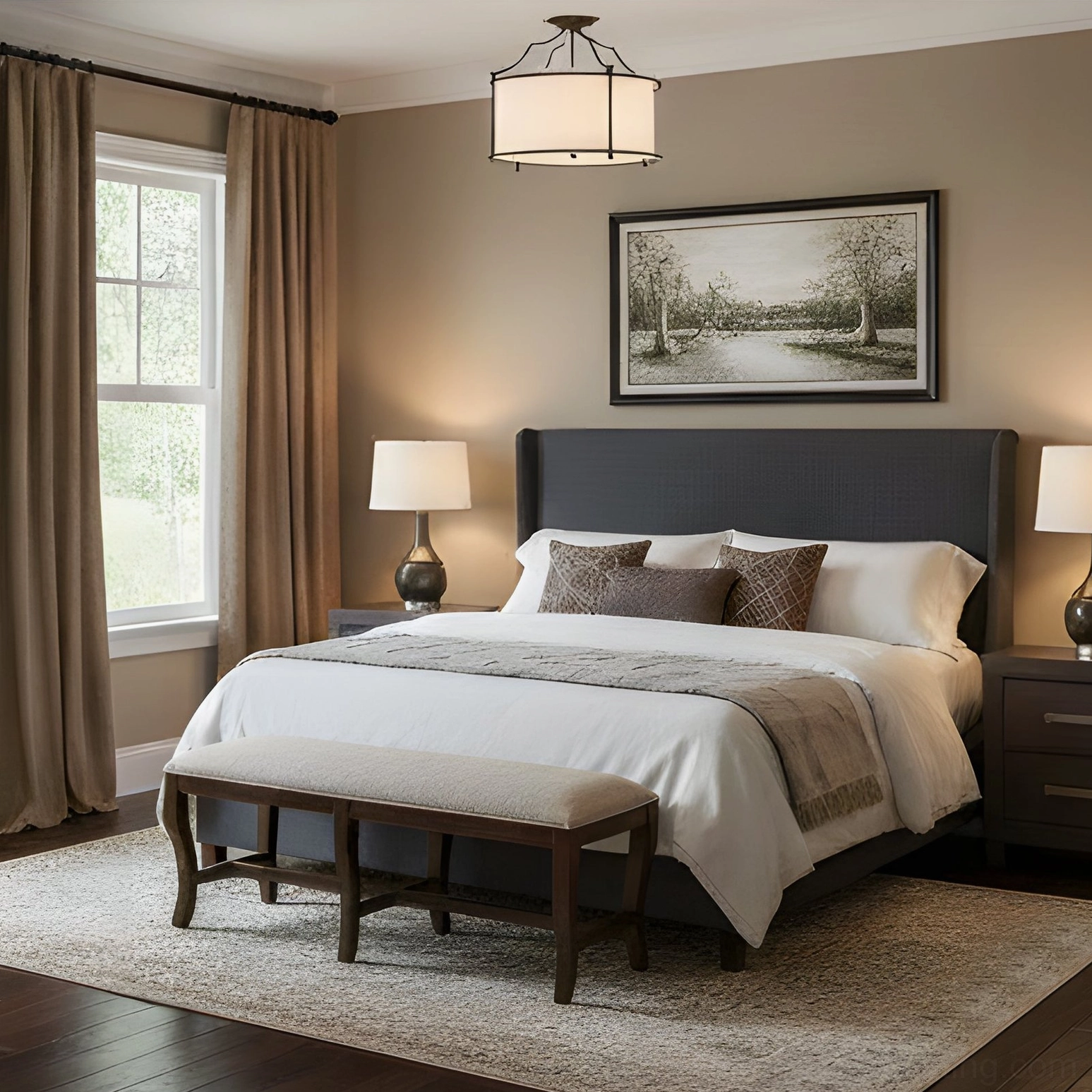 Alexa fabric drum shade ceiling lamp in modern traditional master bedroom with dark headboard and neutral bedding