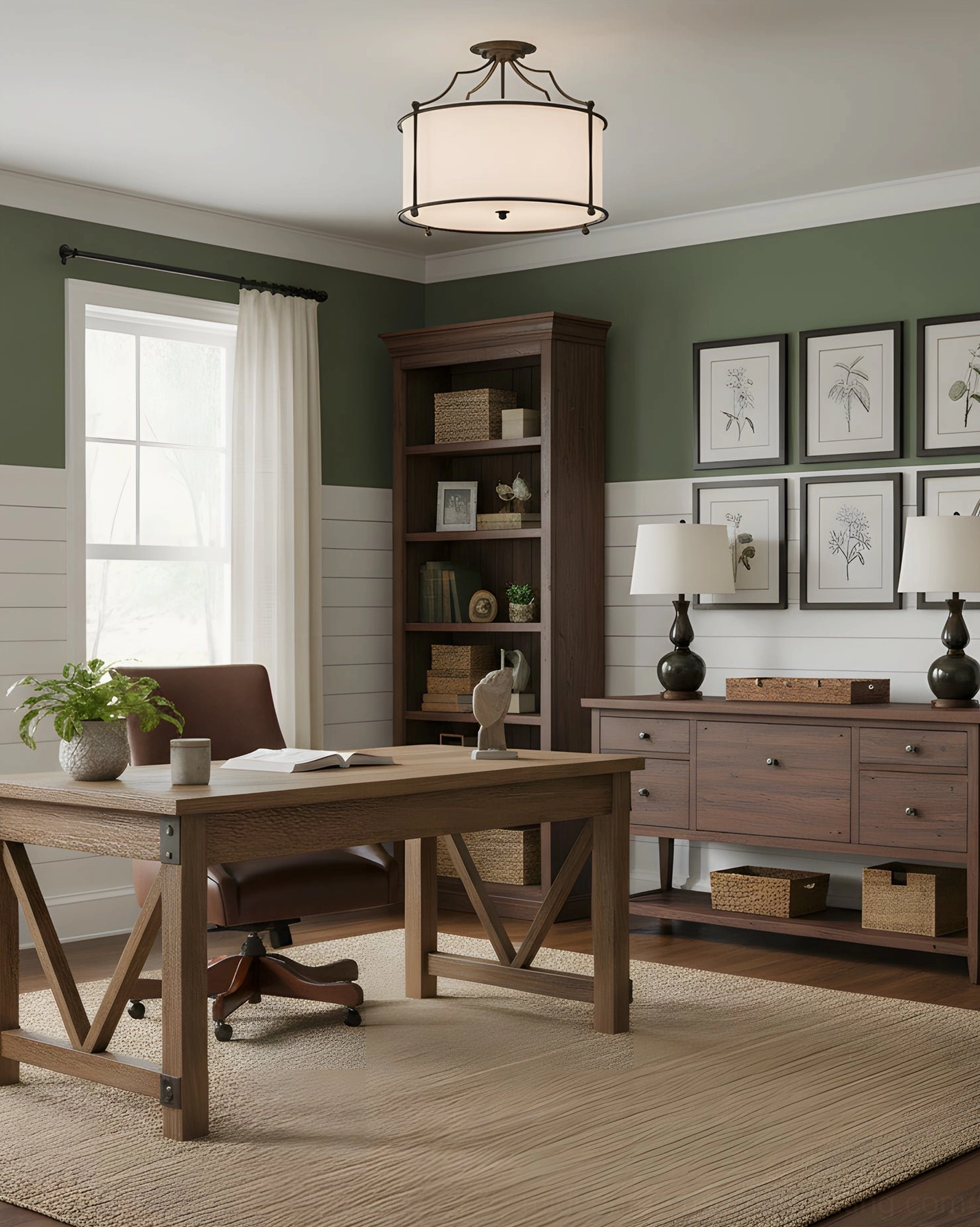 Alexa semi-flush mount in traditional home study workspace with built-in bookshelves and wooden desk