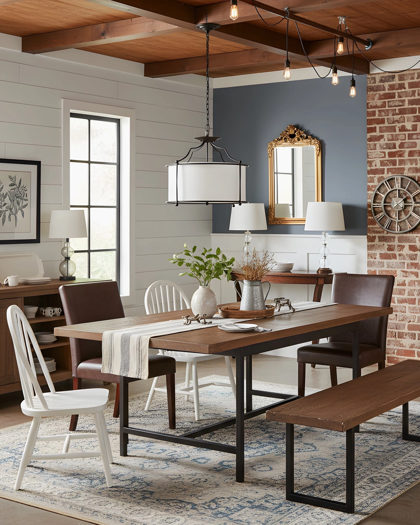 Alexa hanging pendant light in casual farmhouse dining room with mixed brick and wood design elements