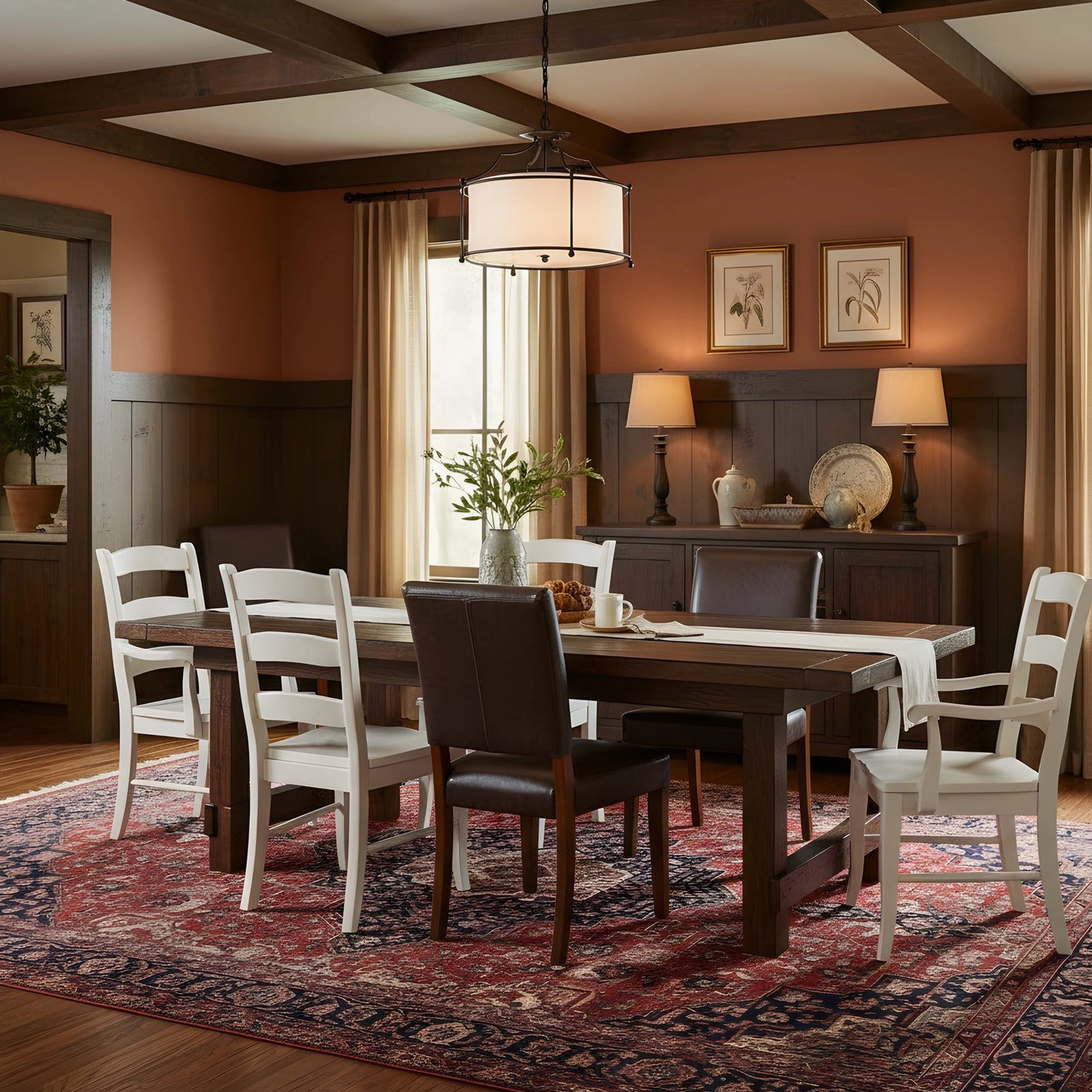 Alexa pendant chandelier illuminated in formal dining room with traditional farmhouse dark wood paneling and warm vintage decor