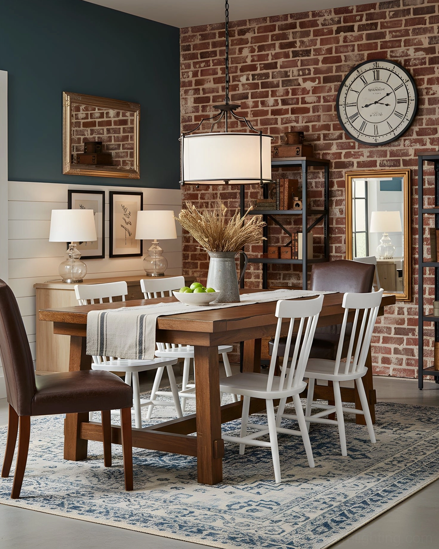 Alexa pendant light above wooden dining table against brick wall in modern industrial rustic dining space