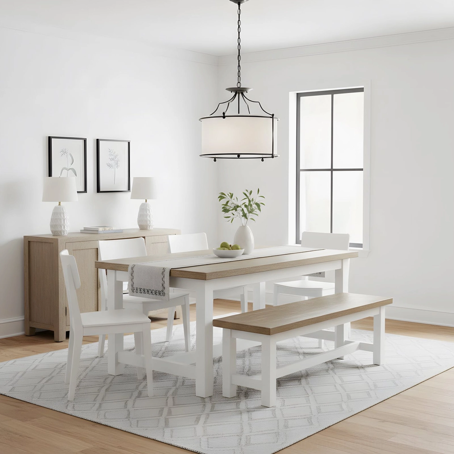 Alexa pendant light suspended over white dining set in bright minimalist contemporary farmhouse interior