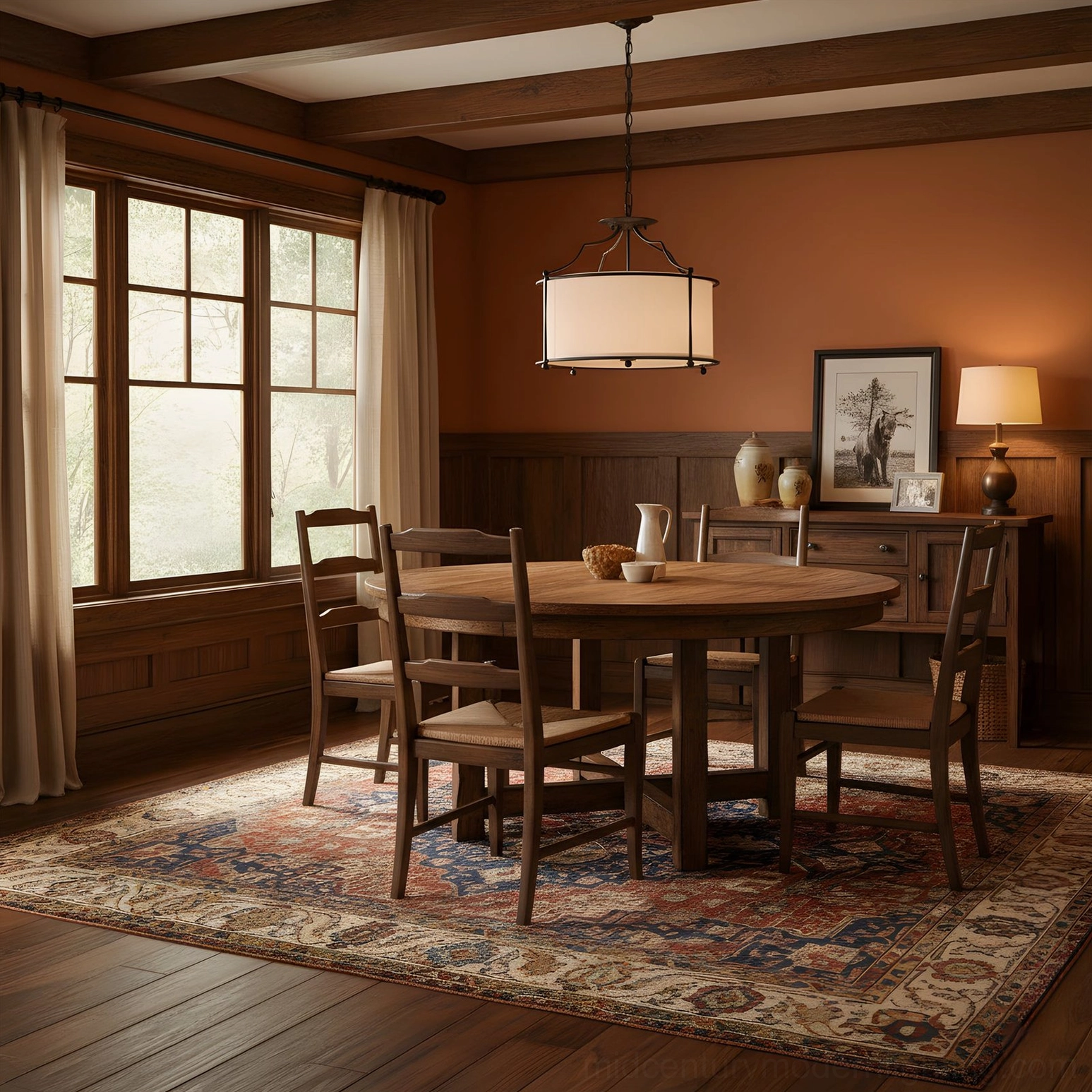 Alexa drum pendant light suspended over round dining table in earthy tone farmhouse interior with classic rustic design