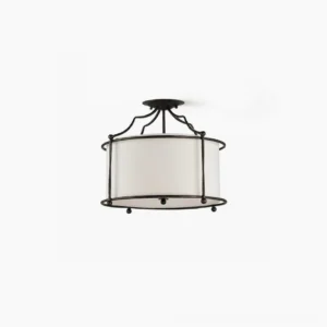 Alexa semi-flush ceiling lamp front view with black wrought brass frame and white fabric drum shade on white studio background