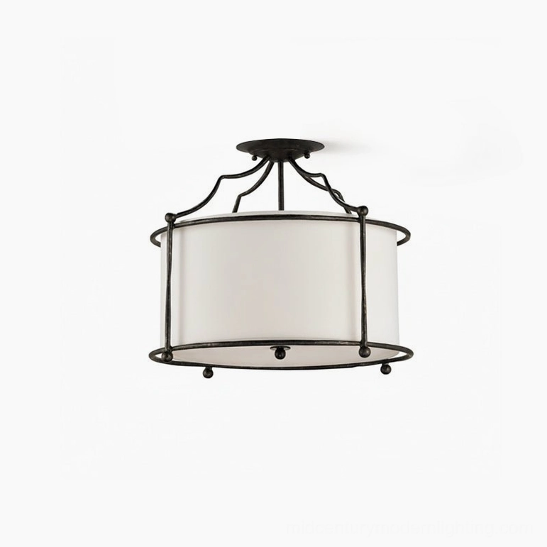 Alexa semi-flush ceiling lamp detailed front view displaying crisp white fabric drum shade and ornate black metal cage framing