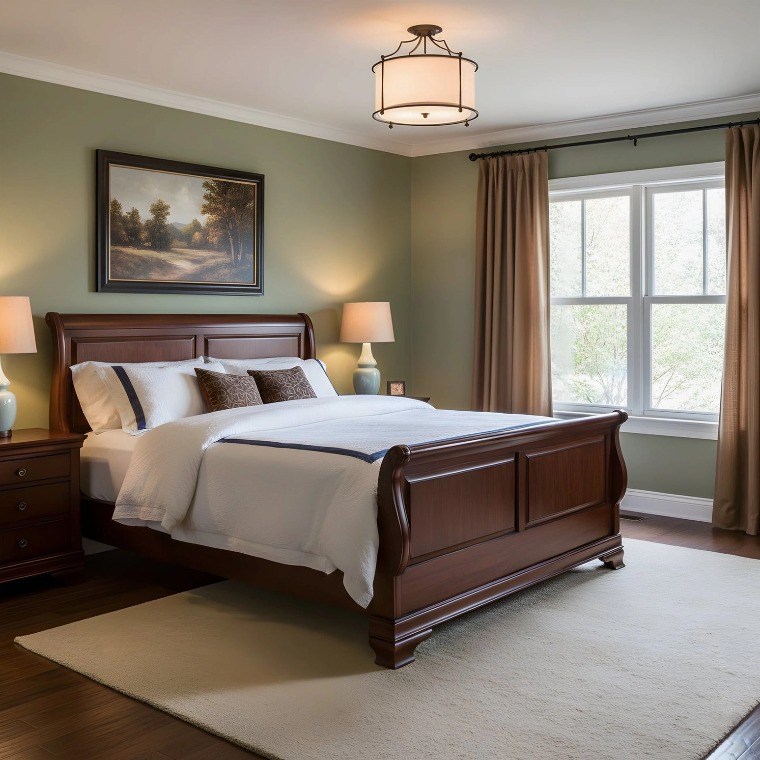 Alexa ceiling light in traditional wooden master bedroom with warm brown furniture and bedside table lamps