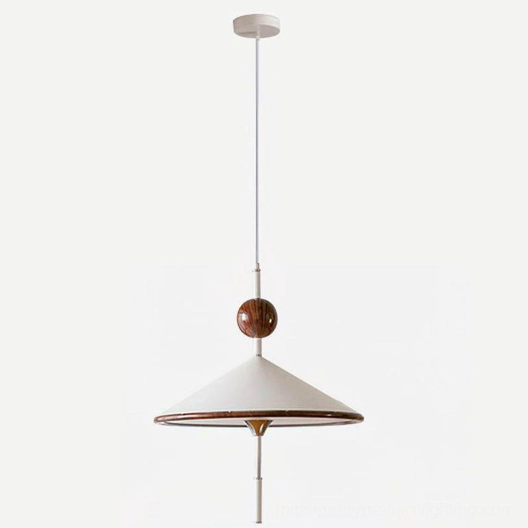Alien mid-century modern pendant light warm white and walnut color variant, complete installation view