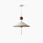 Alien pendant light with conical acrylic shade and walnut wood sphere accent, frontal view on white background
