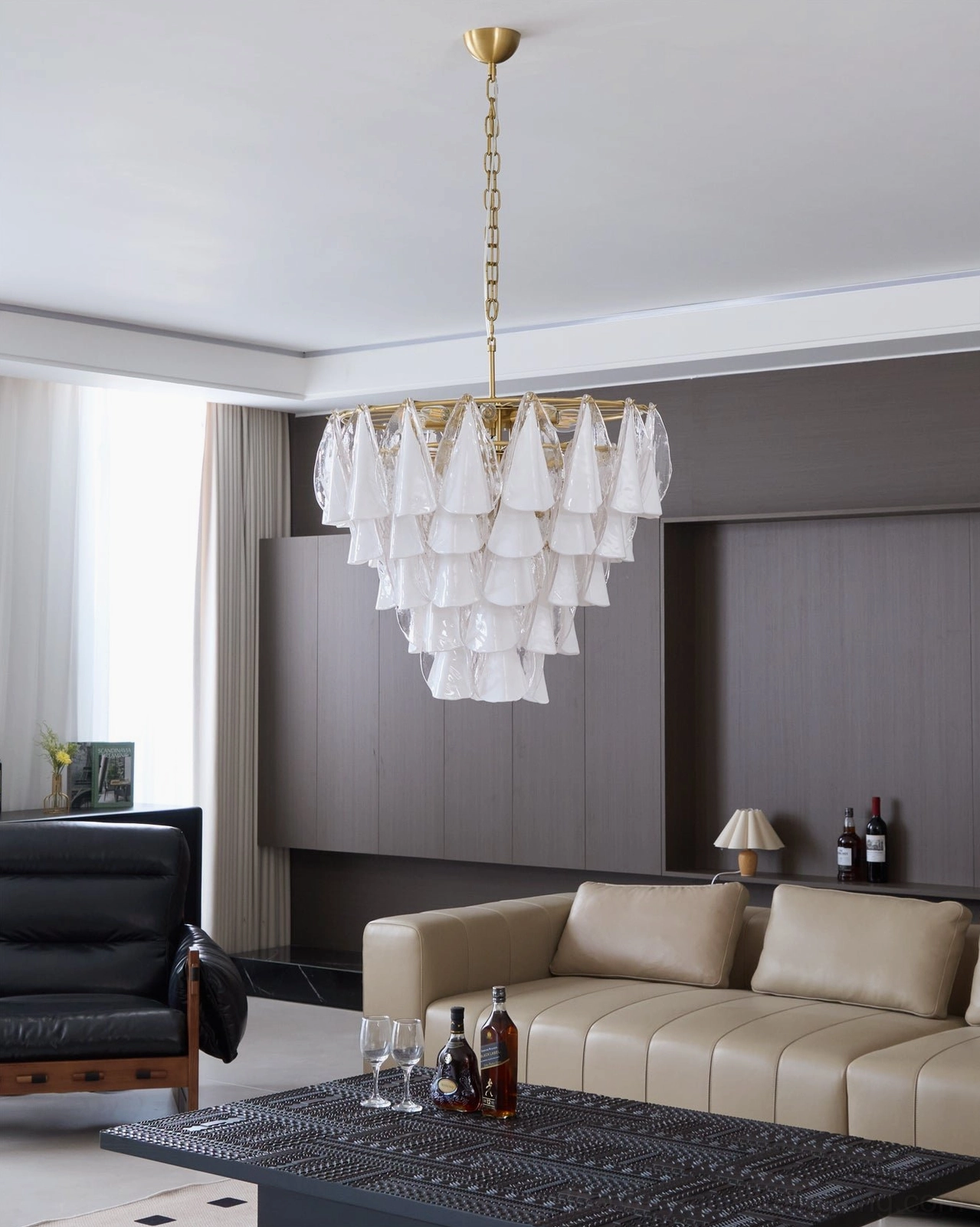 Alira luxury glass chandelier in minimalist modern residential space, straight front wide-angle view