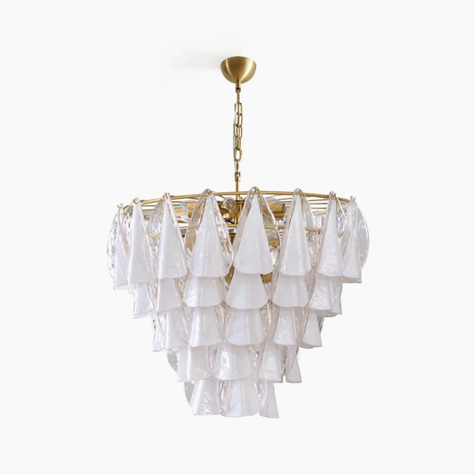 Alira tiered glass chandelier with layered frosted petal-shaped glass shades and brushed gold metal frame, overhead front view against white background