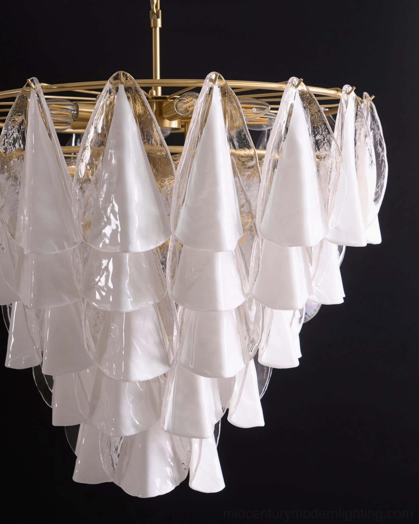 Alira contemporary luxury tiered glass chandelier with brushed gold finish and frosted glass shades