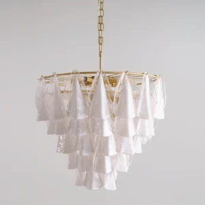 Alira modern luxury glass chandelier with opalescent layered glass pendants, side close-up detail shot