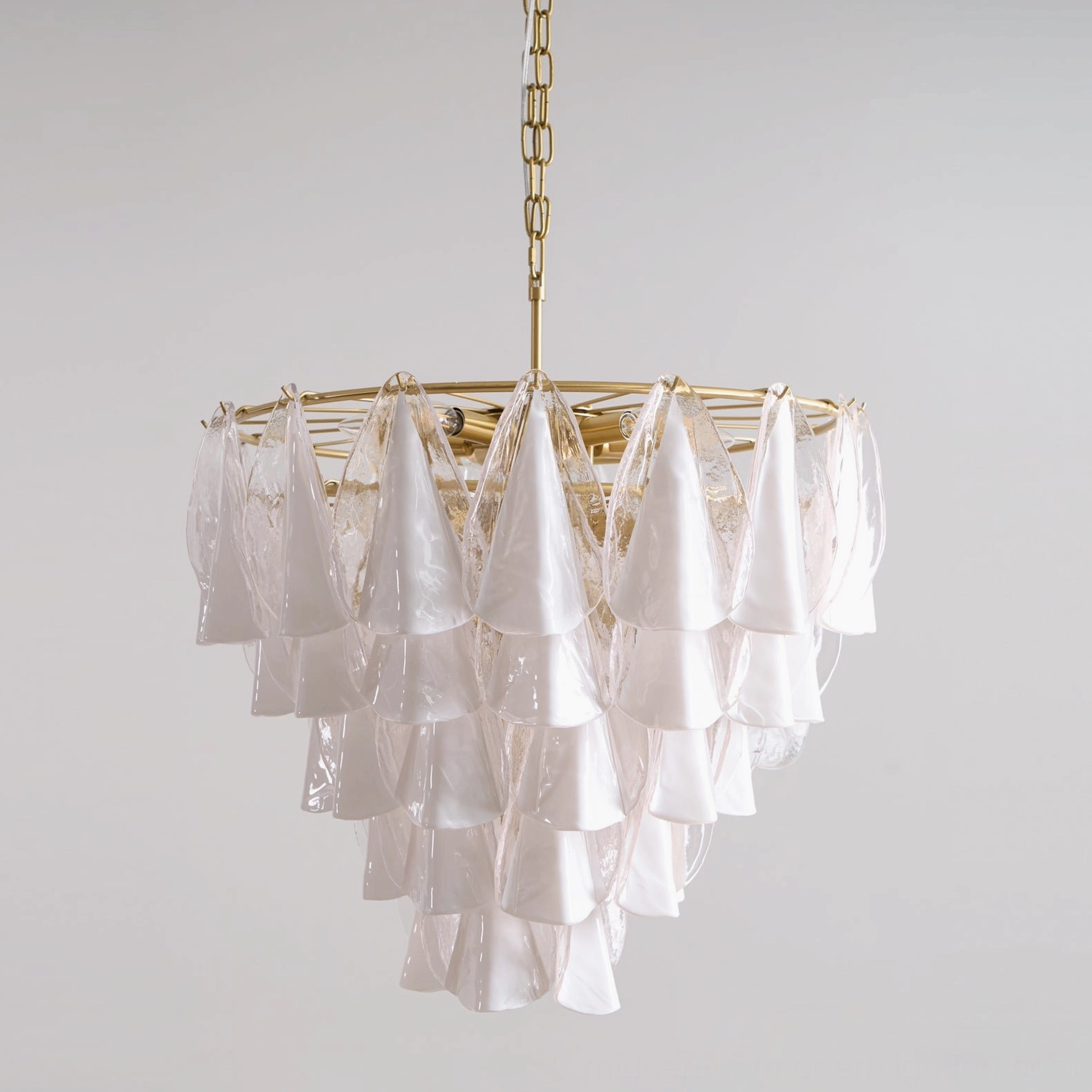 Alira modern luxury glass chandelier with opalescent layered glass pendants, side close-up detail shot