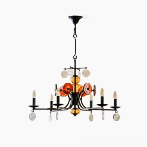Alistair amber glass candle chandelier front studio view with black iron scrolled frame and hand-blown glass orbs
