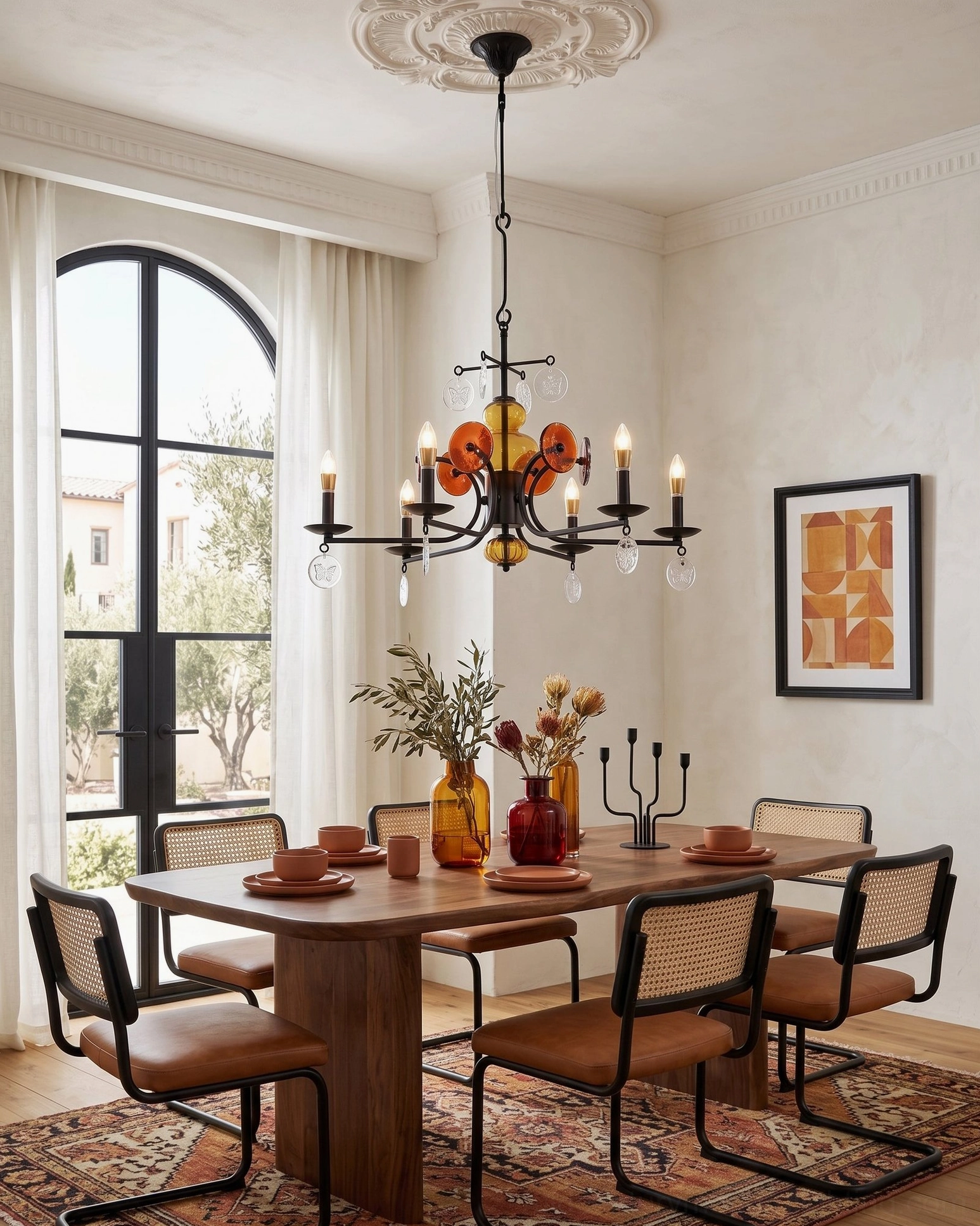 Contemporary dining room with arched windows featuring Alistair amber glass chandelier and minimalist wall art