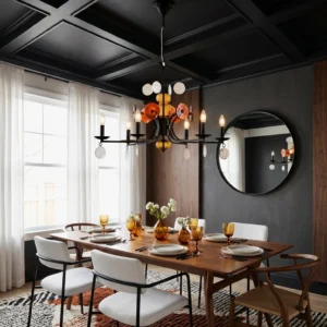 Alistair six-light chandelier installed in luxury dining room with dark coffered ceiling and mixed seating