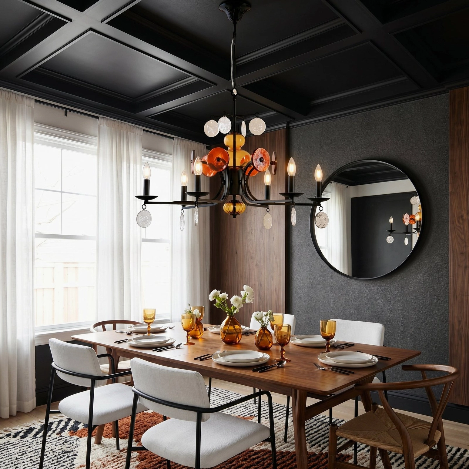 Alistair six-light chandelier installed in luxury dining room with dark coffered ceiling and mixed seating