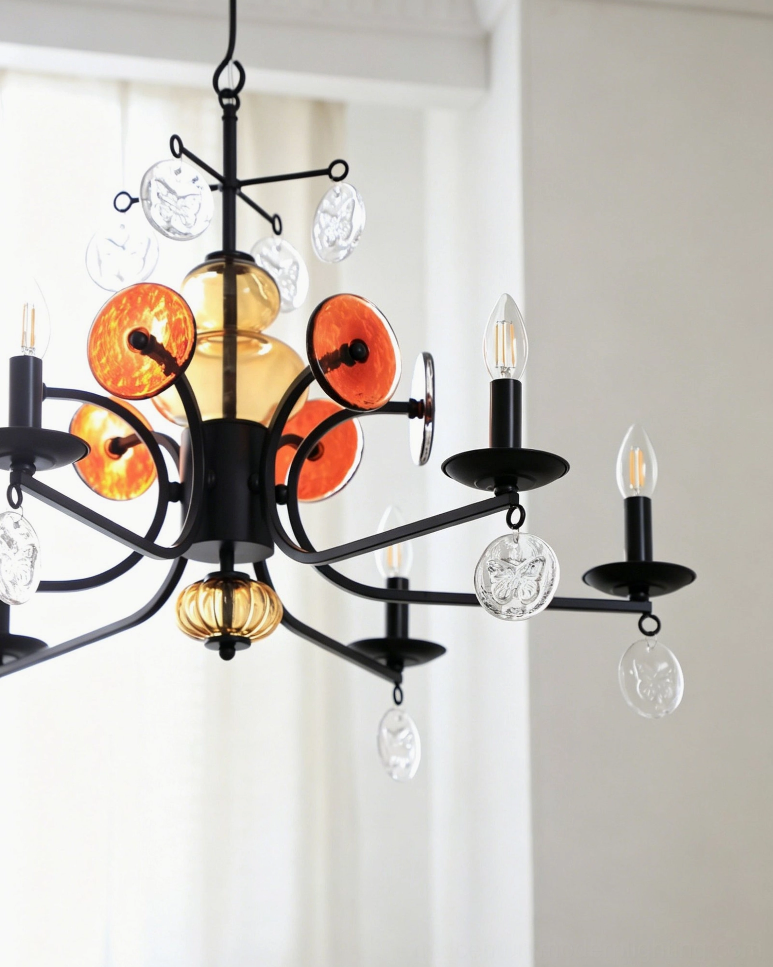 Overhead view of Alistair glass chandelier in room setting demonstrating light distribution and glass sphere arrangement