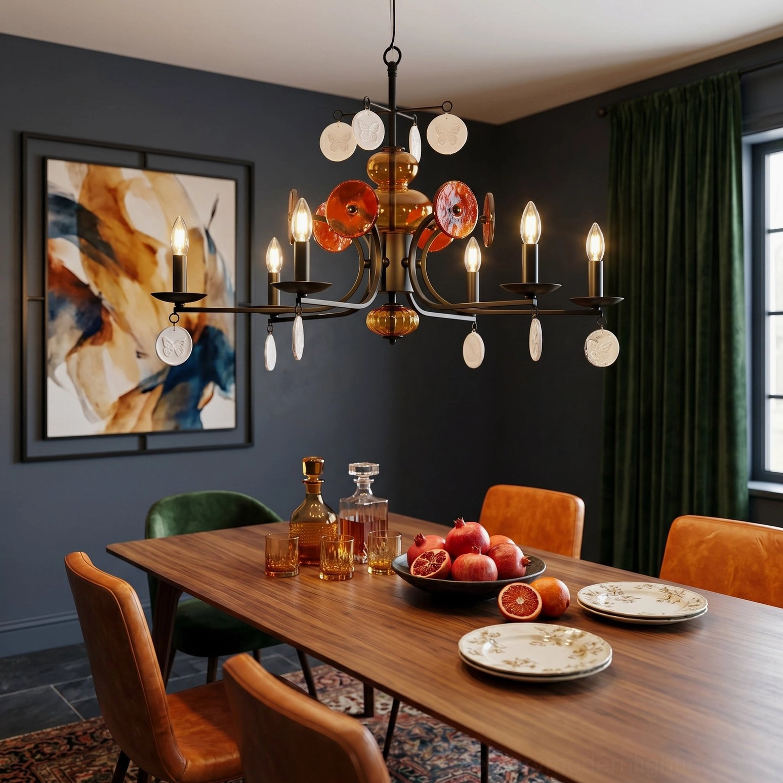 Mid-century modern candle chandelier in formal dining space with dark blue walls and green velvet curtains