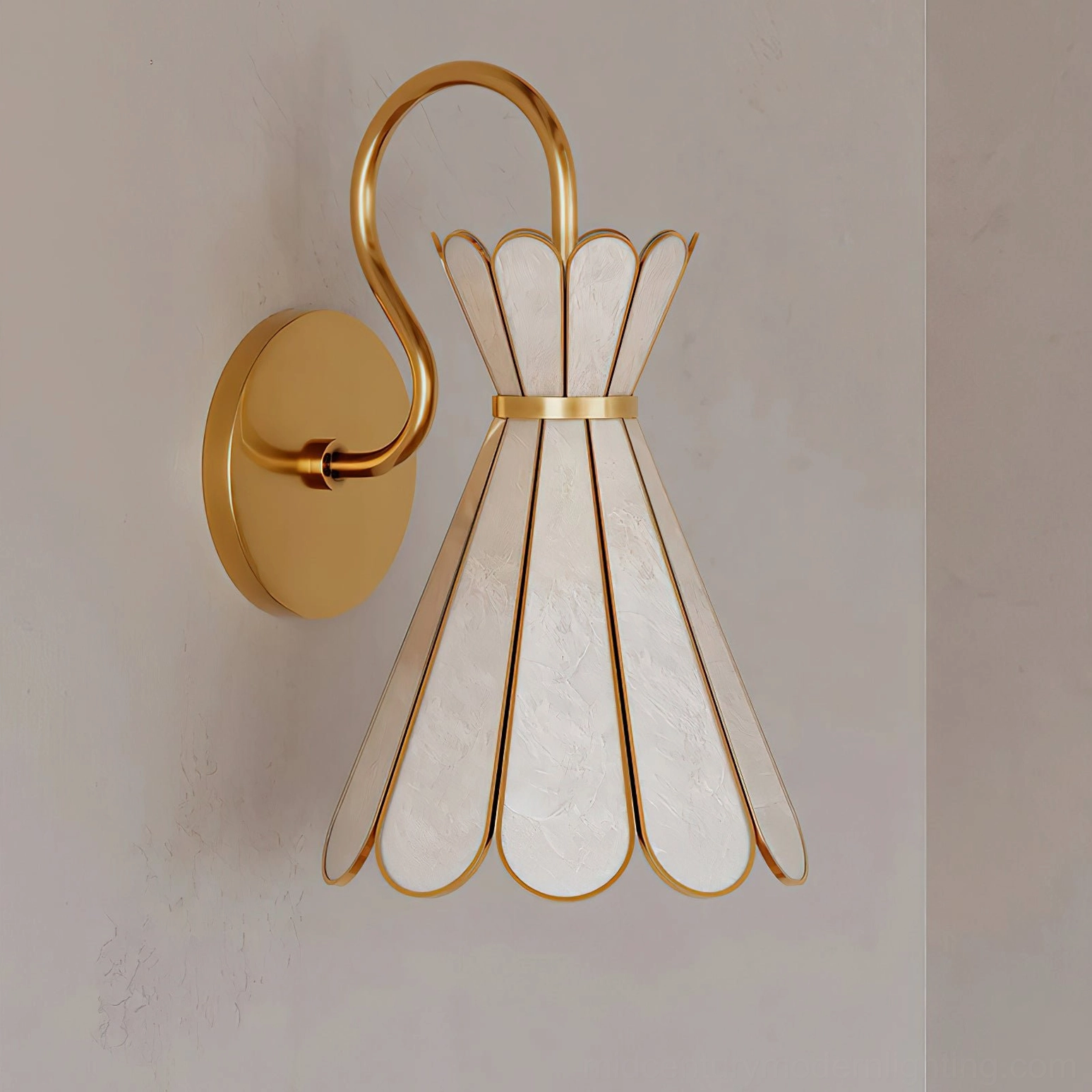 Alito petal wall lamp sculptural design in oblique front view with minimalist luxury aesthetic on gray wall background