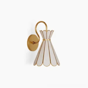 Alito sculptural wall light with petal-shaped natural shell shade and solid brass mounting, front view against minimalist white background