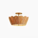 Alitzel scalloped raffia ceiling light semi-flush fixture with gold metal hardware, front view on white background