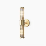 Allen brass crystal wall sconce studio product shot with cylindrical glass rod shade on white background