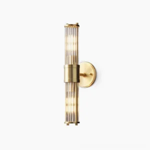 Allen brass crystal wall sconce studio product shot with cylindrical glass rod shade on white background