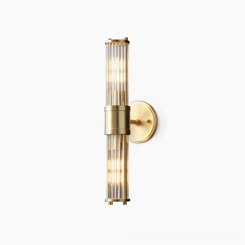 Allen brass crystal wall sconce studio product shot with cylindrical glass rod shade on white background