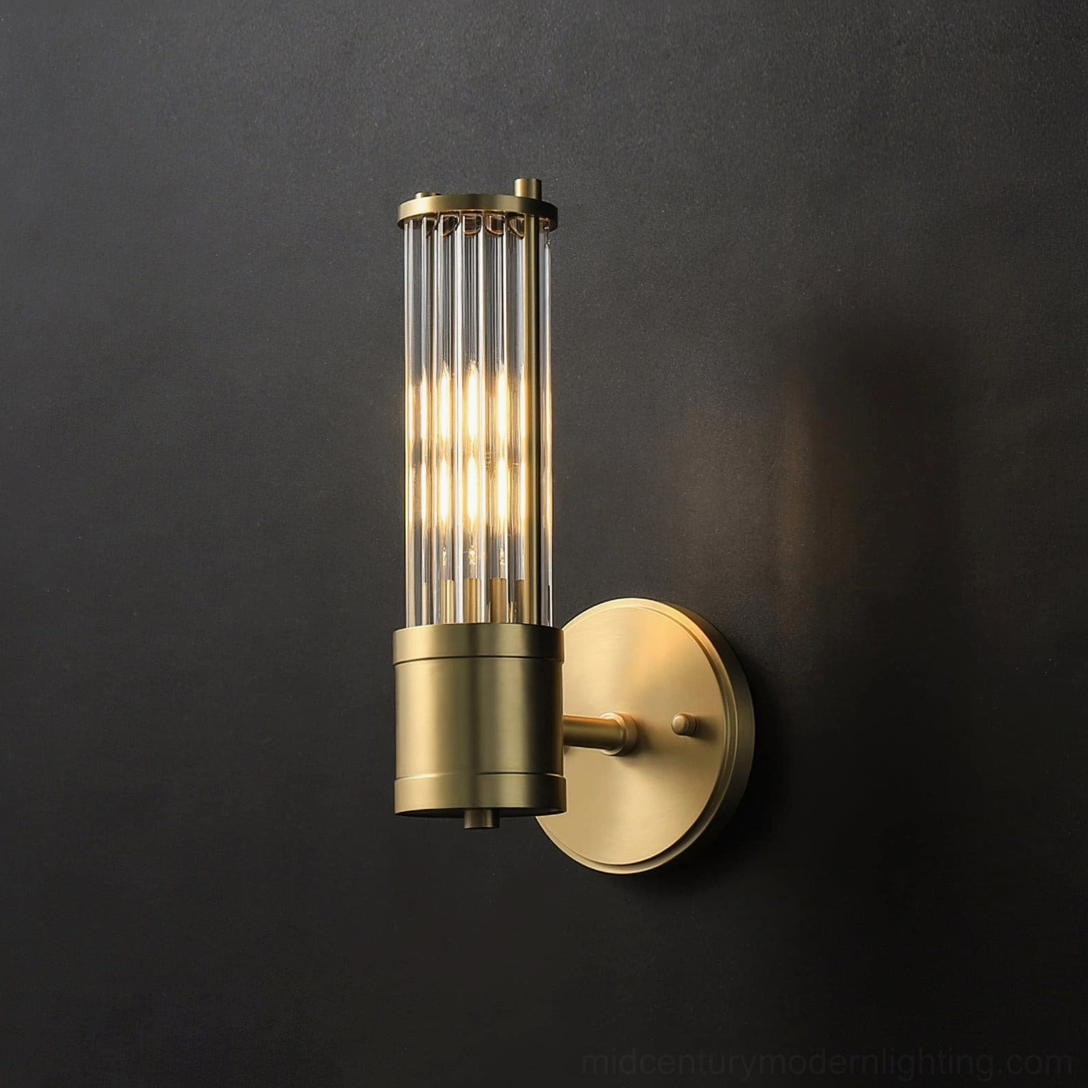 Single Allen brass sconce with E14 socket showing compact model dimensions and elegance