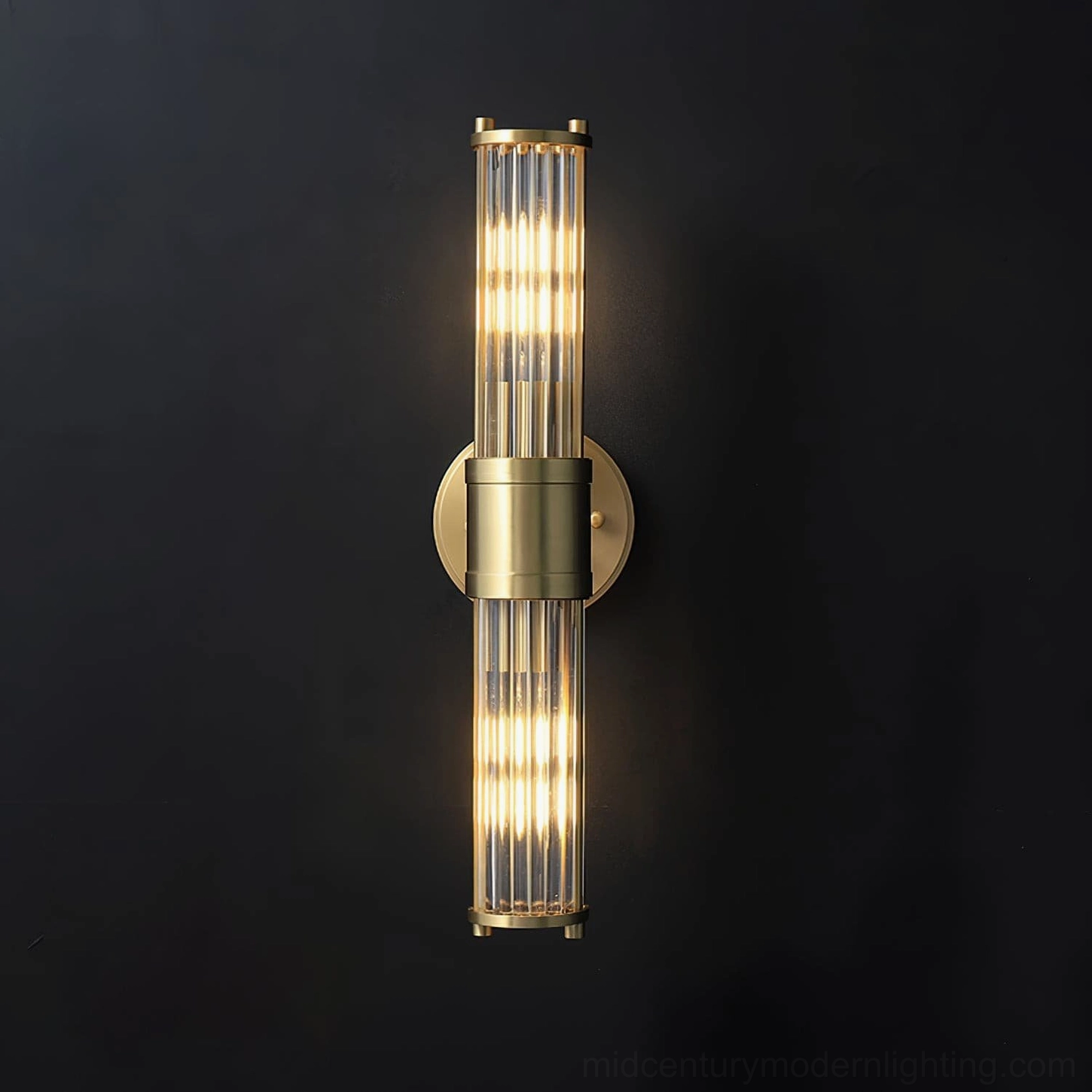 Double-head Allen wall lamp with symmetric vertical glass rods creating sculptural lit effect