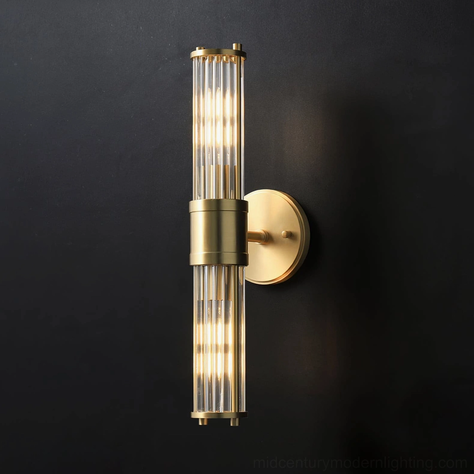 Double Allen brass wall sconces side by side with symmetric design and warm illumination