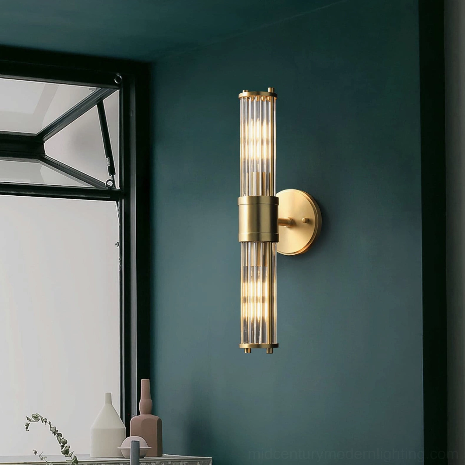 Allen mid-century modern wall sconce creating sculptural focal point in hallway space