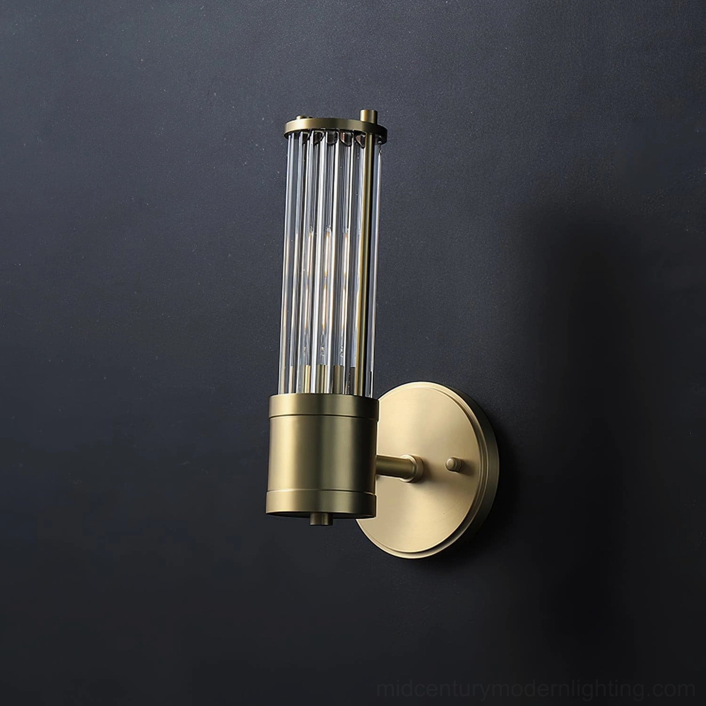 Side detail view of single Allen brass sconce showing hardware and glass rod assembly