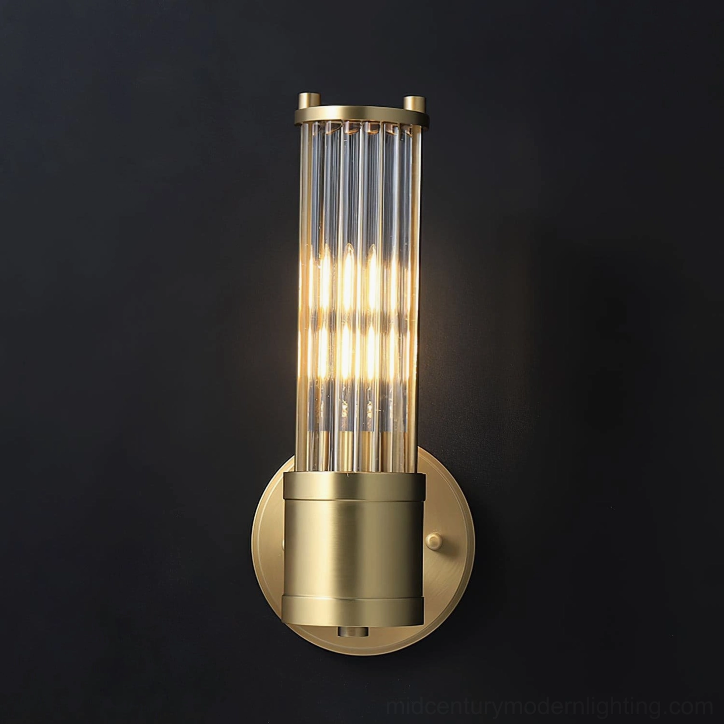 Allen wall lamp with glowing LED bulbs creating warm diffused light in vertical orientation