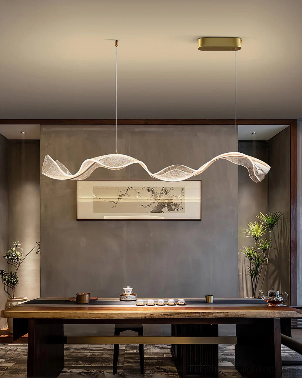 Alon Linear Chandelier detail showing fine embedded white dot pattern in clear acrylic ribbon shade