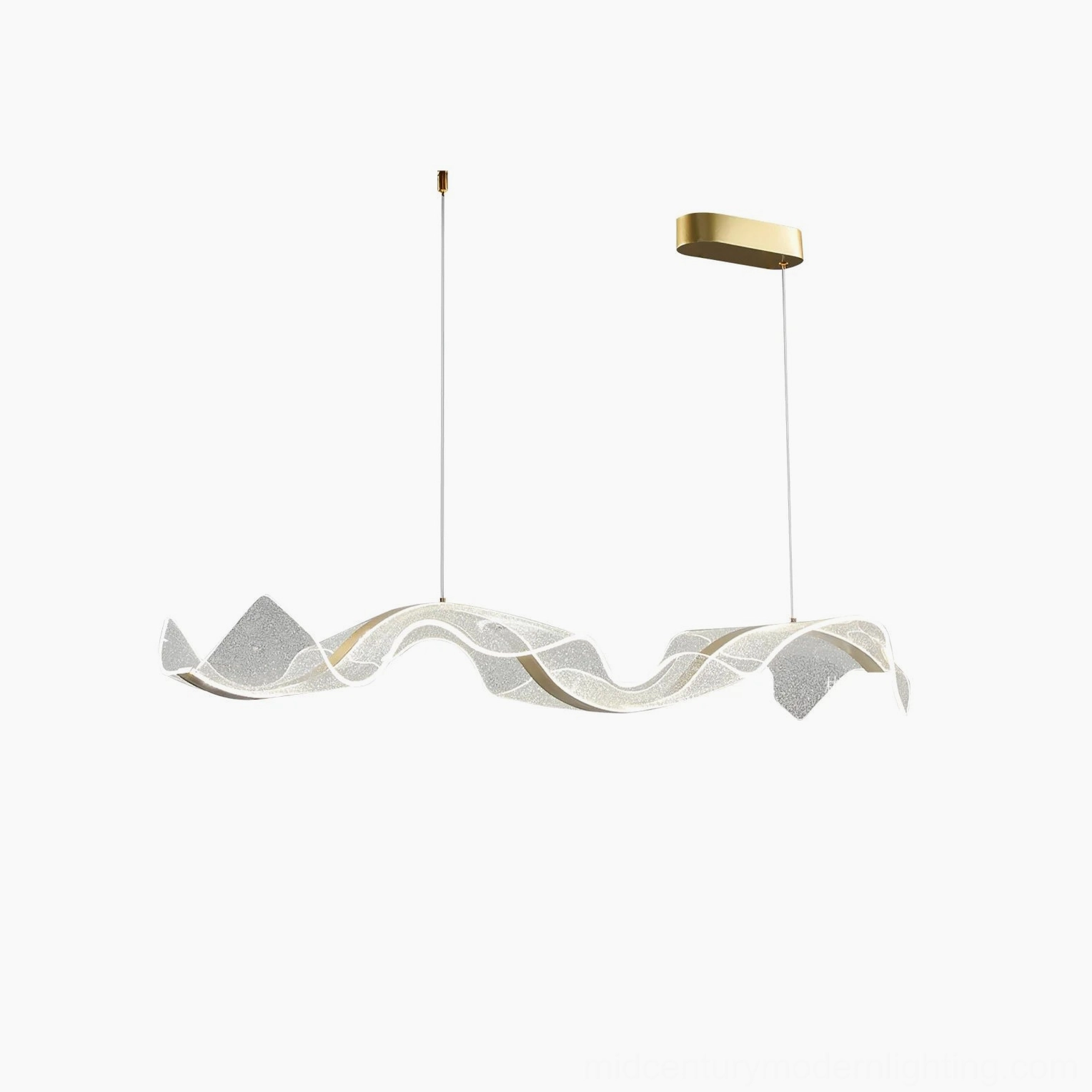 Alon Linear Chandelier frosted acrylic ribbon with gold brass canopy on white studio background