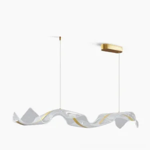 Alon Linear Chandelier with sculptural undulating acrylic ribbon and bubble diffusion pattern, front view on white background