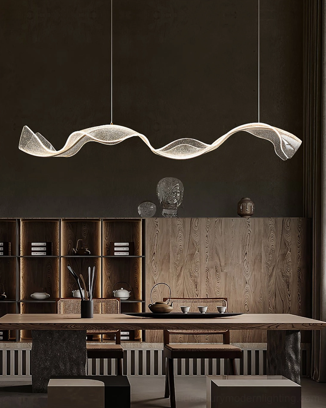 Alon Linear Chandelier overhead view in minimalist interior with refined brass canopy and sculptural acrylic form
