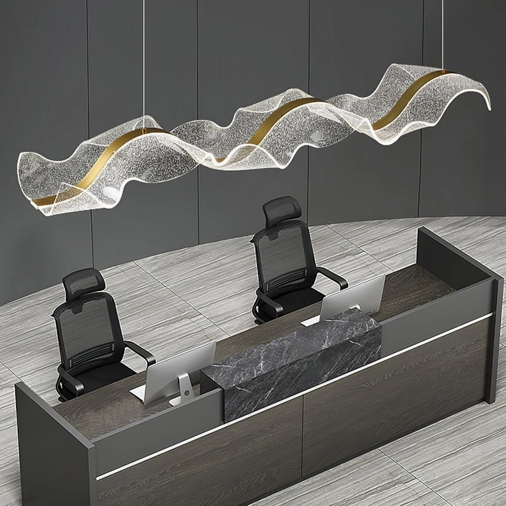 Statement-size Alon Linear Chandelier extra-long 150cm model over dual-station reception office lighting