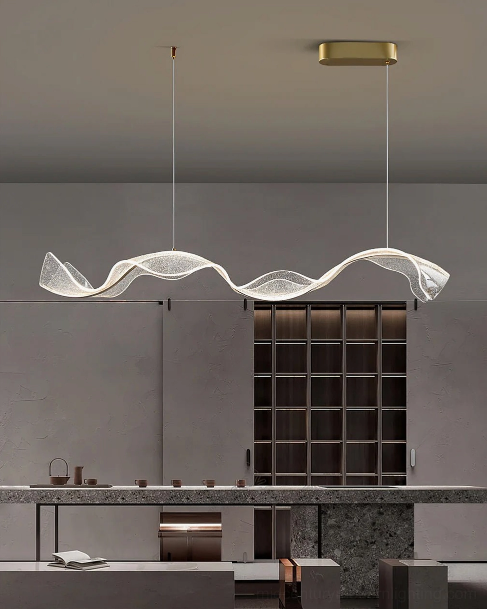 Alon pendant light featuring undulating ribbon form and integrated edge-lit LED with evenly diffused illumination