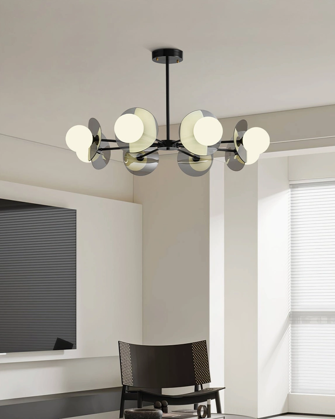 Alonso contemporary sputnik chandelier architectural detail showing brass framework frosted glass globe construction