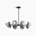 Alonso modern sputnik chandelier overhead view with black metal frame and frosted glass globes on white studio background