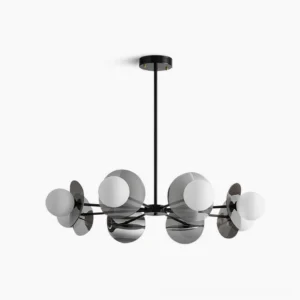 Alonso modern sputnik chandelier overhead view with black metal frame and frosted glass globes on white studio background
