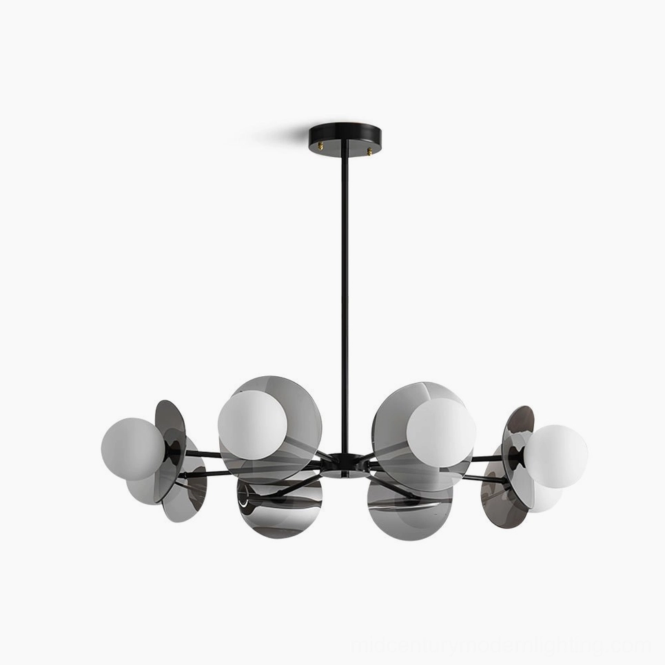 Alonso modern sputnik chandelier overhead view with black metal frame and frosted glass globes on white studio background