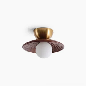 Alora mid-century modern ceiling lamp with walnut wood shade and frosted glass globe on white background