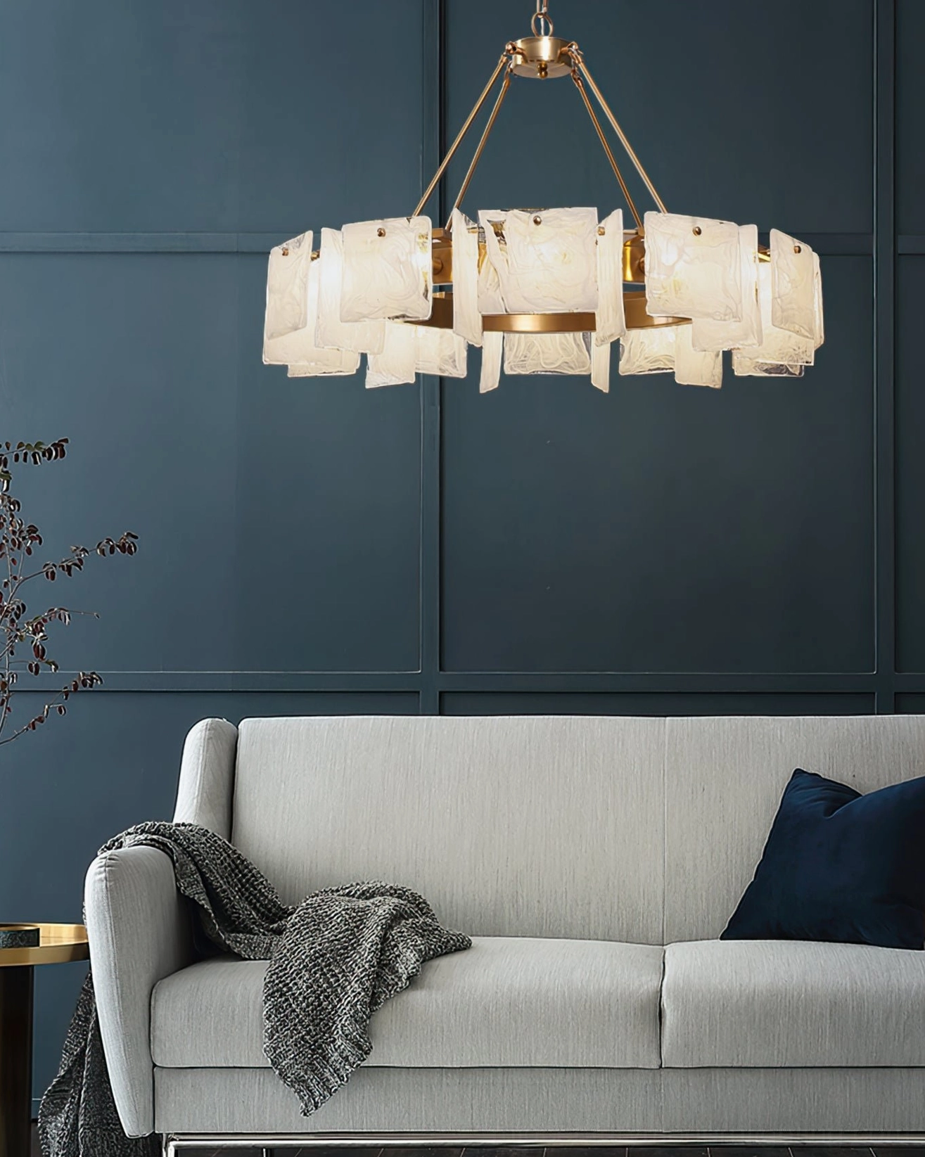 Alsona copper chandelier showing complete architectural design with stainless steel frame and suspended art glass panels